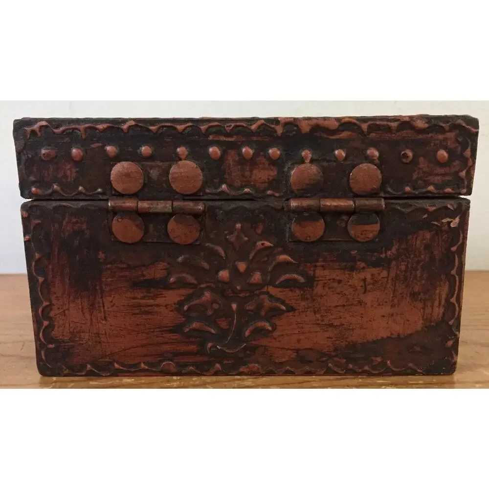 Vtg Primitive Style Copper Emobssed Bird Flower Trinket Jewelry Recipe Card Box